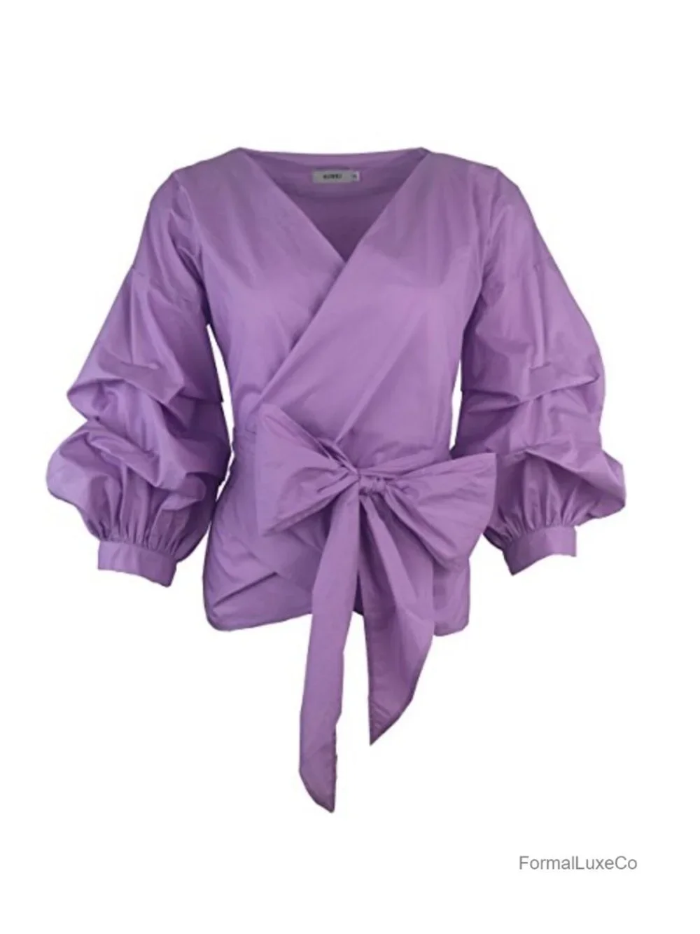 Puff Sleeve Wrap Blouse Cotton Spandex V-Neck